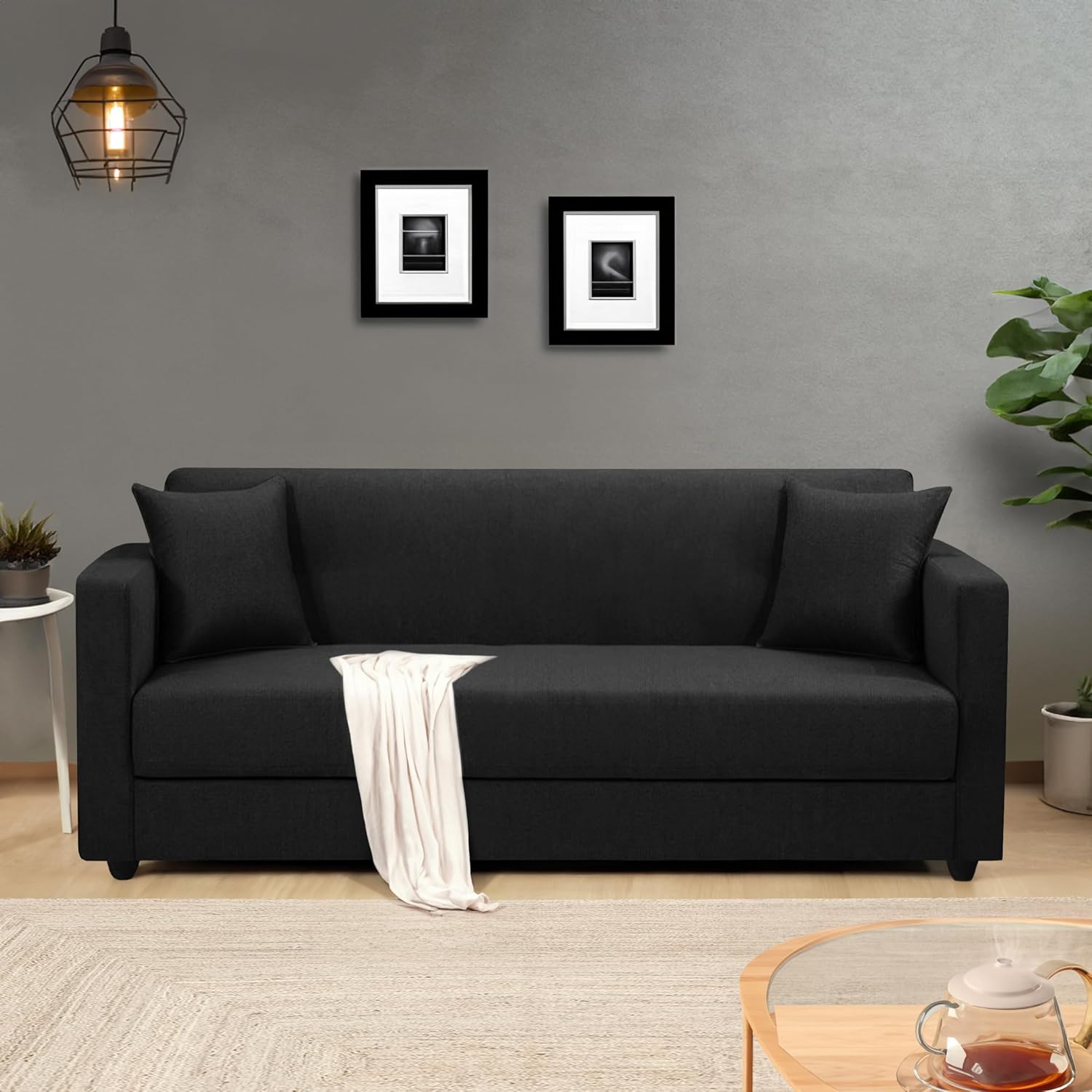 Elma Three Seater Sofa in Fabric- Black